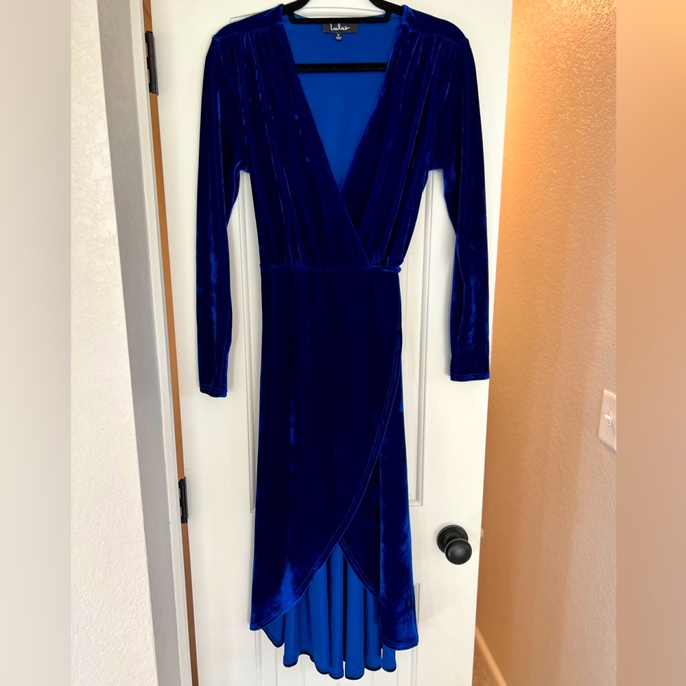 Lulu’s Enchant Me Cobalt Blue Velvet Midi Wrap Dress - Small